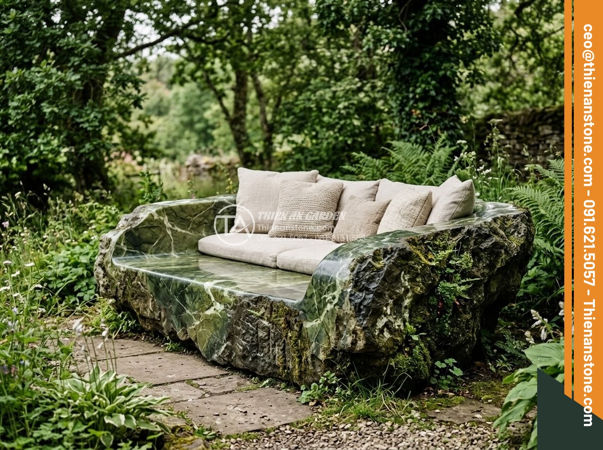 Sập Đá - Hình 14 Sập Đá - Natural raw surface stone daybed in a rustic luxury garden, partially polished s