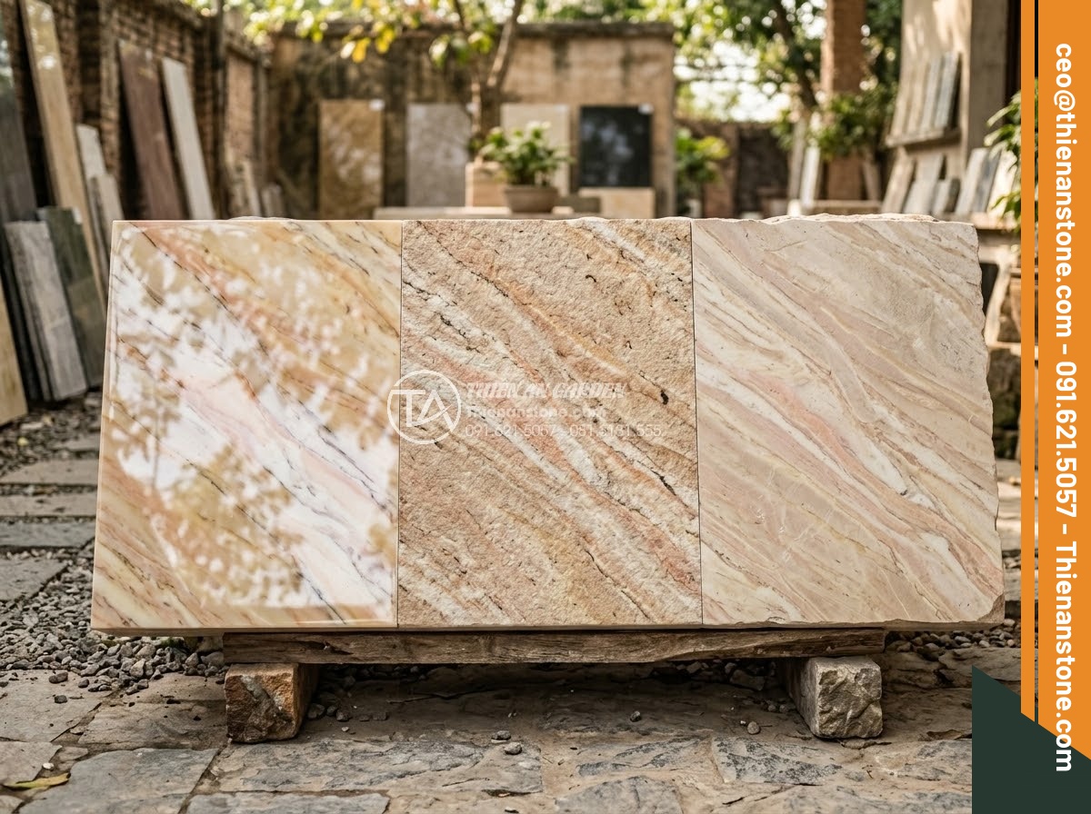 Sập Đá - Hình 15 Sập Đá - Side-by-side comparison of three stone surface finishes on stone daybed samples
