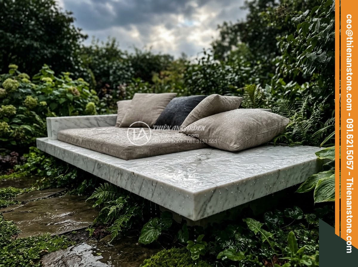 Sập Đá - Hình 17 Sập Đá - Natural stone daybed after rain, water droplets glistening on stone surface, gar