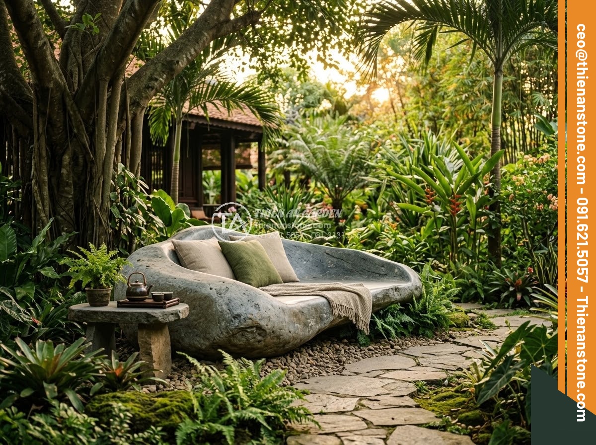 Sập Đá - Hình 19 Sập Đá - Ultra realistic photo of a natural stone daybed as centerpiece in a luxury Vietn