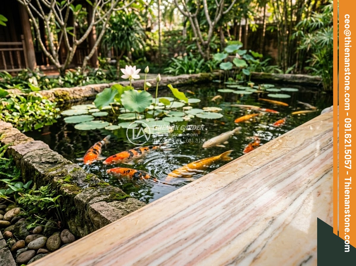 Sập Đá - Hình 22 Sập Đá - Close-up perspective from stone daybed looking down into koi pond, fish swimming