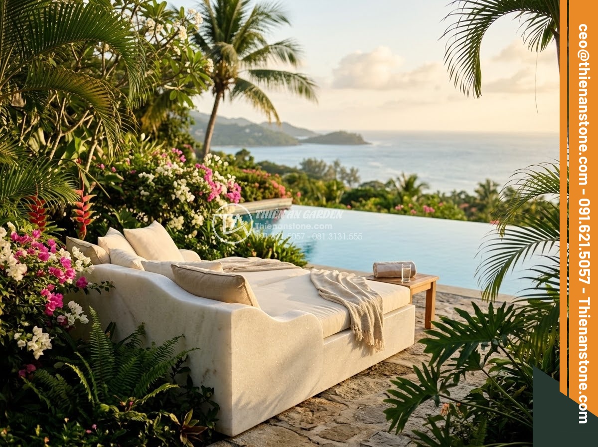 Sập Đá - Hình 23 Sập Đá - Luxurious natural stone daybed in a five-star resort garden setting, infinity po