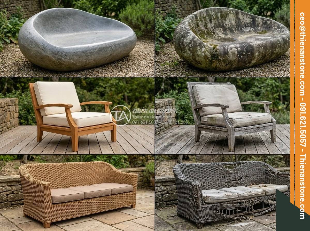 Sập Đá - Hình 26 Sập Đá - Comparison collage showing natural stone daybed vs wooden outdoor furniture vs r