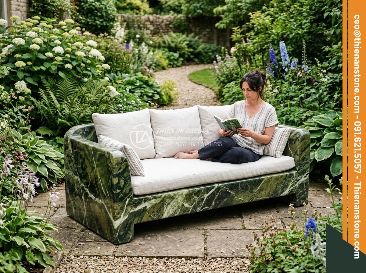 Sập Đá - Hình 28 Sập Đá - Medium-sized natural stone daybed with cushions in a residential garden, showing