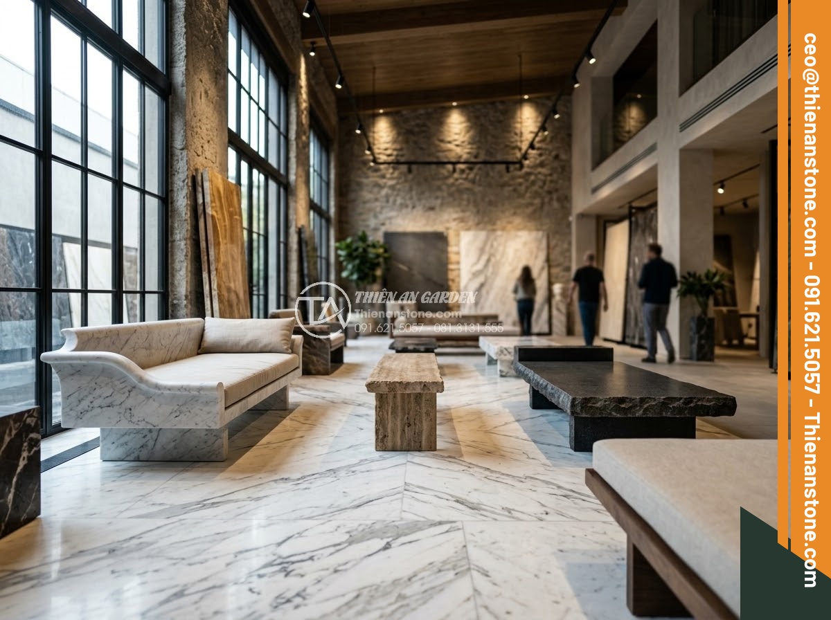 Sập Đá - Hình 3 Sập Đá - Wide angle shot of a premium natural stone showroom displaying various stone day