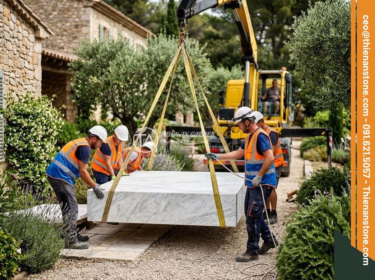 Sập Đá - Hình 31 Sập Đá - Professional stone delivery and installation team carefully placing a large natu