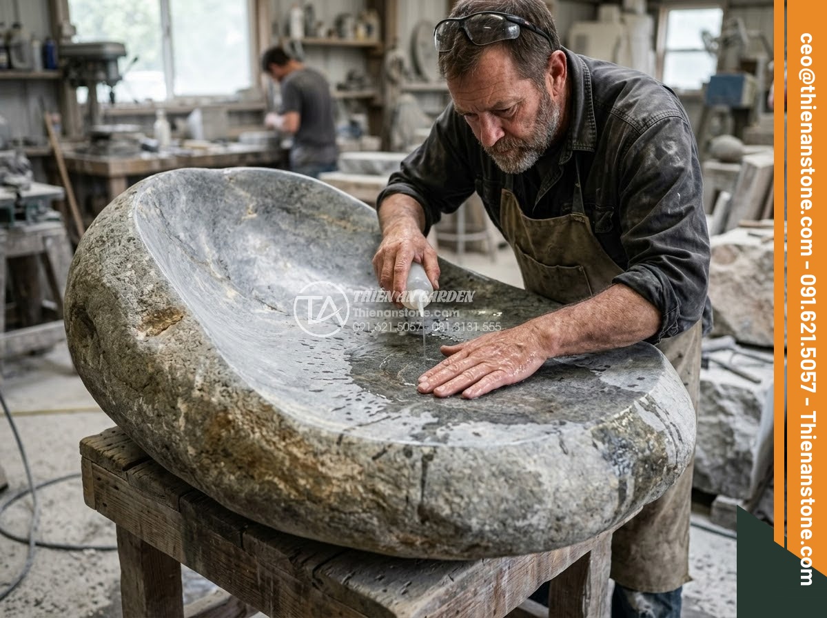 Sập Đá - Hình 33 Sập Đá - Technical inspection of natural stone daybed quality, close-up of craftsman chec