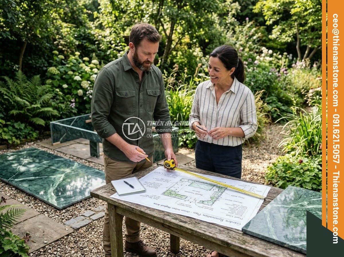 Sập Đá - Hình 34 Sập Đá - Homeowner with landscape designer reviewing stone daybed placement plan in garde
