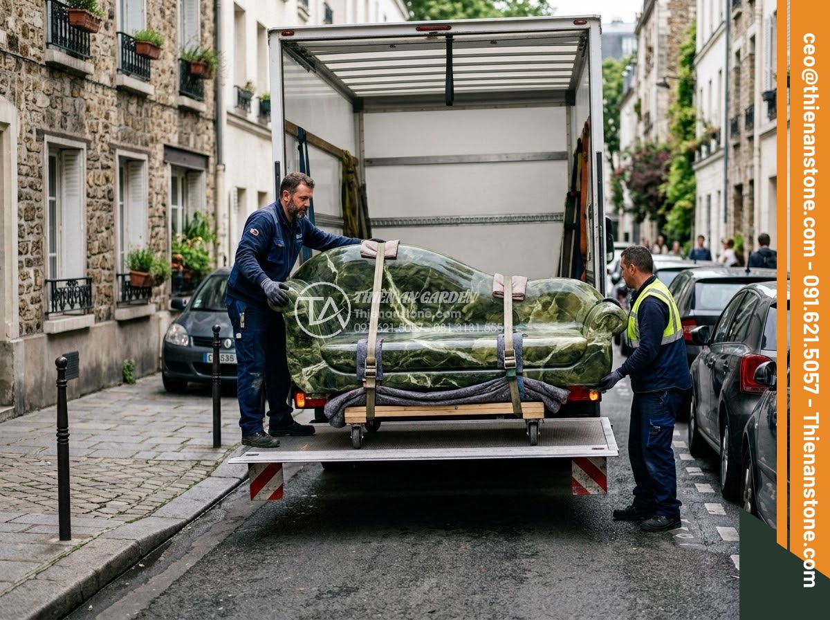 Sập Đá - Hình 35 Sập Đá - Natural stone daybed being carefully transported on specialized truck through na