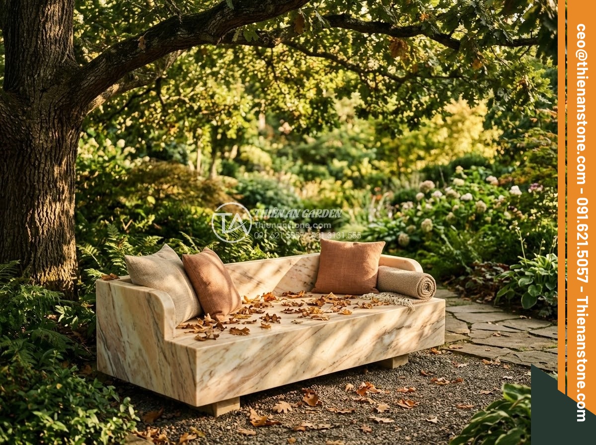 Sập Đá - Hình 36 Sập Đá - Natural stone daybed beneath a mature canopy tree, beautiful dappled light patte