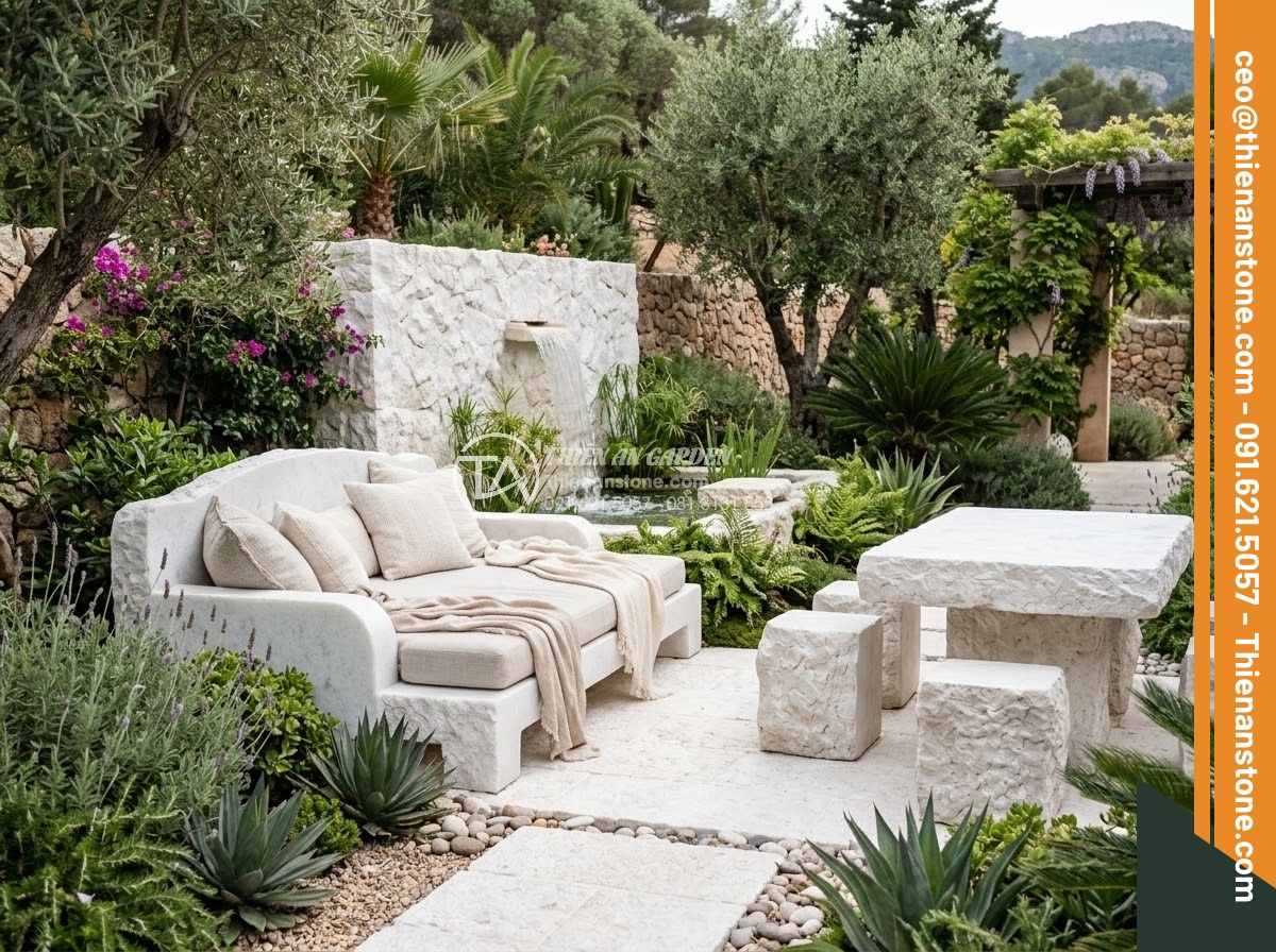 Sập Đá - Hình 37 Sập Đá - Complete natural stone outdoor living area featuring stone daybed as centerpiece