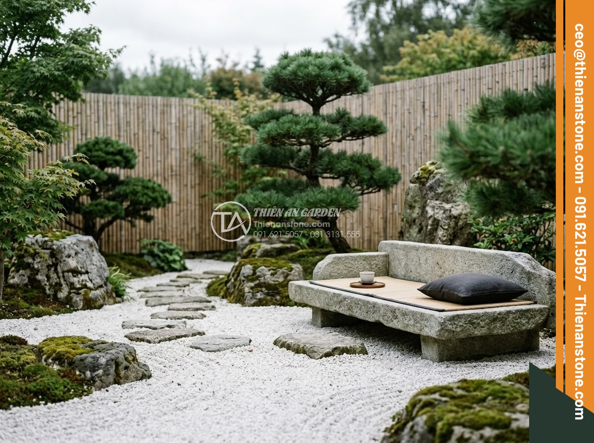 Sập Đá - Hình 39 Sập Đá - Minimalist zen garden with stone daybed surrounded by white gravel, strategicall