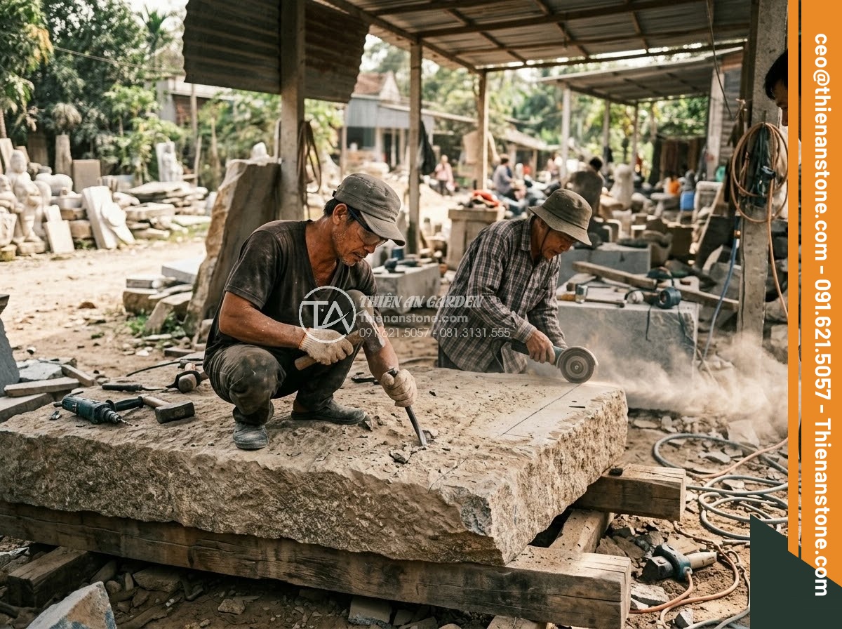 Sập Đá - Hình 4 Sập Đá - Documentary style photo of skilled Vietnamese stone craftsmen working on a large