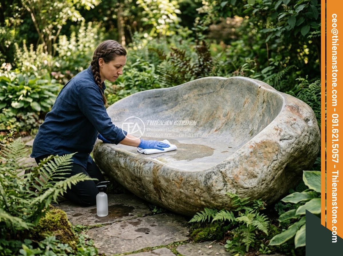 Sập Đá - Hình 40 Sập Đá - Maintenance process of natural stone daybed, person gently cleaning polished sto
