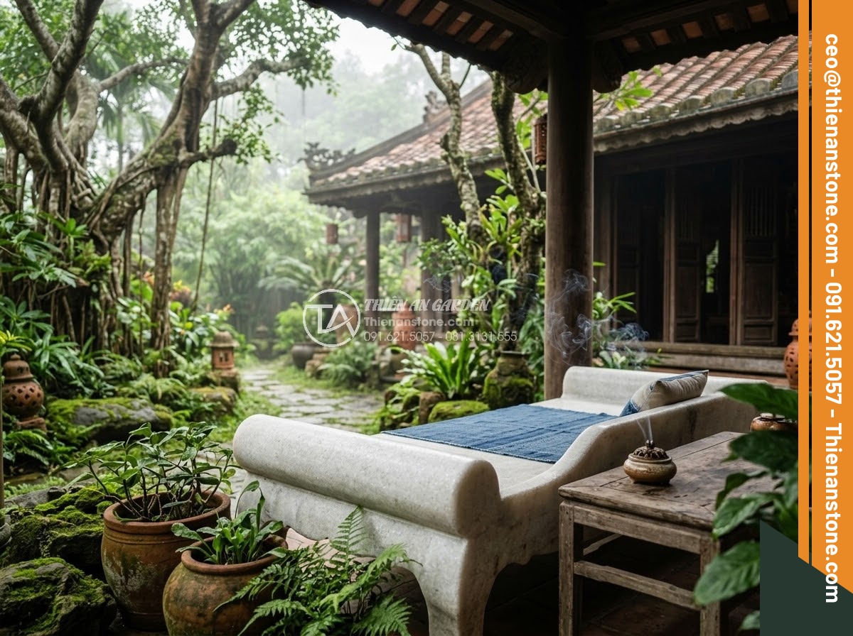 Sập Đá - Hình 44 Sập Đá - Misty morning view of stone daybed in a traditional Hue-style garden house, ince