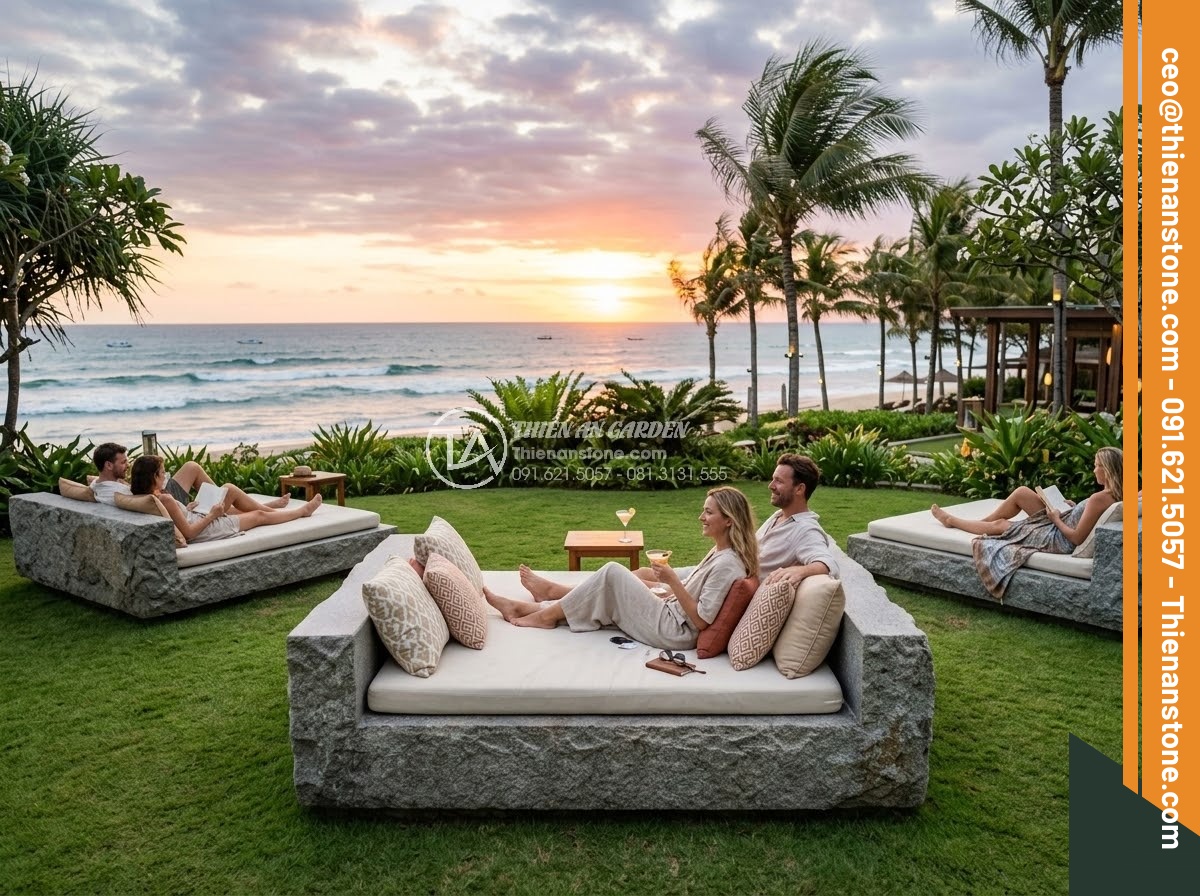 Sập Đá - Hình 46 Sập Đá - Three unique natural stone daybeds on a beachfront resort lawn overlooking the o