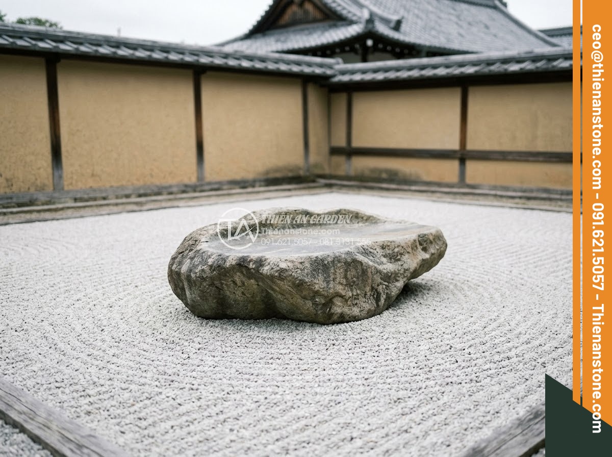 Sập Đá - Hình 47 Sập Đá - Minimalist meditation garden with single stone daybed in center of raked white g