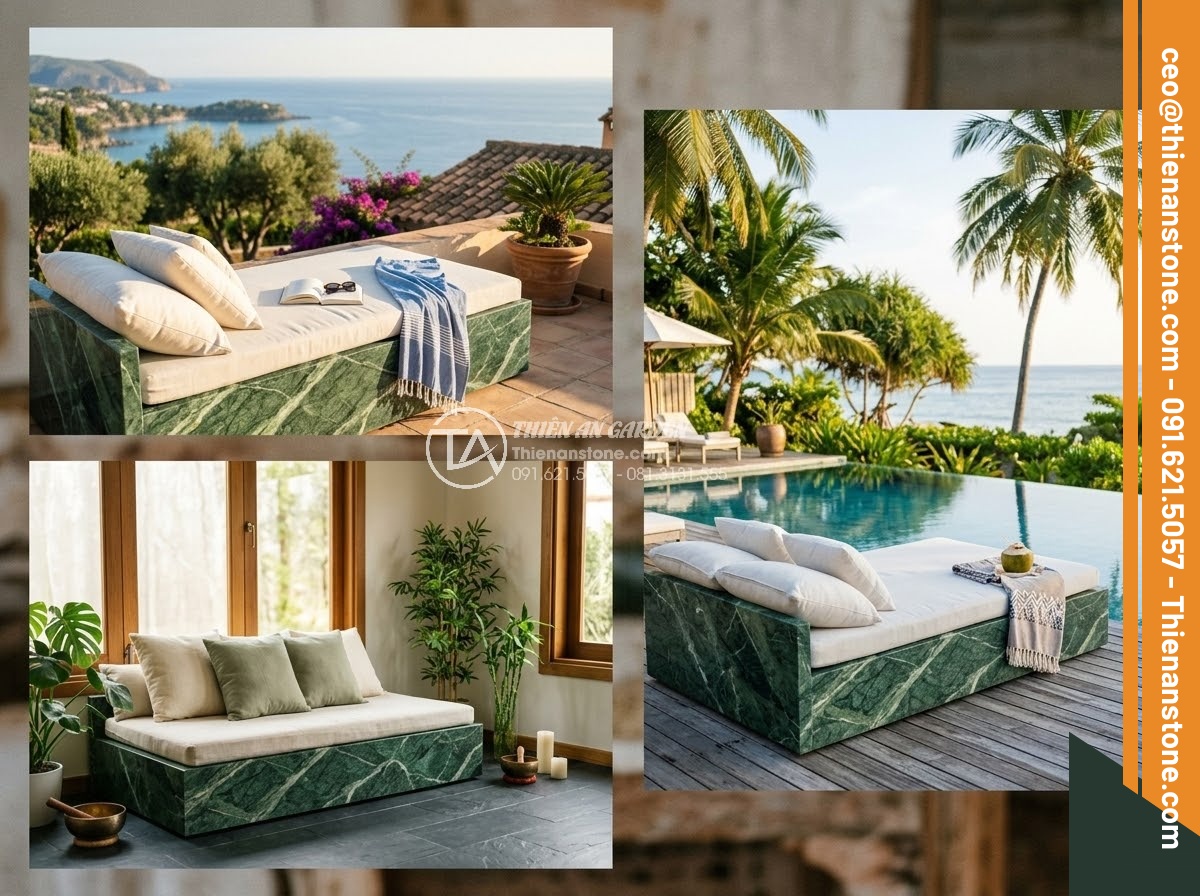 Sập Đá - Hình 48 Sập Đá - Artistic composite showing multiple applications of natural stone daybeds in dif