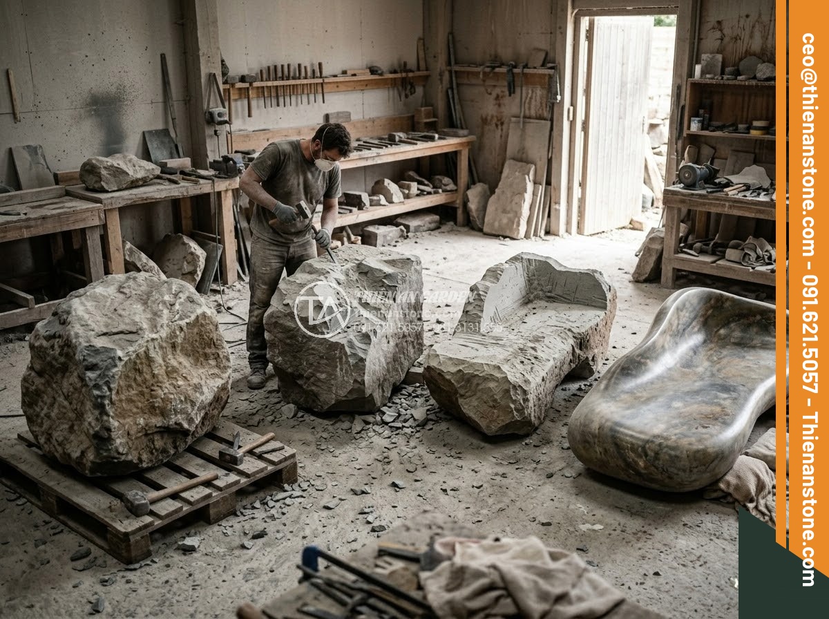 Sập Đá - Hình 5 Sập Đá - Time-lapse style photo showing the transformation stages of raw stone block to f