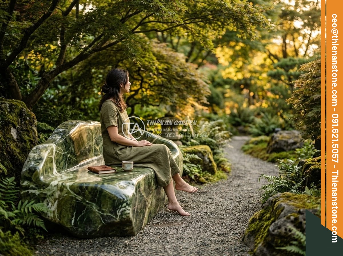 Sập Đá - Hình 51 Sập Đá - Cinematic wide shot of a solitary natural stone daybed in a peaceful garden at g