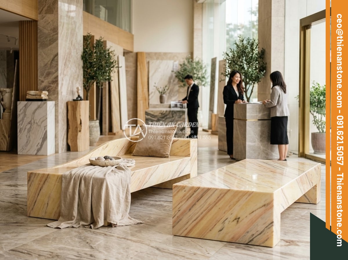 Sập Đá - Hình 52 Sập Đá - Welcoming natural stone showroom entrance with beautiful stone daybed displays,