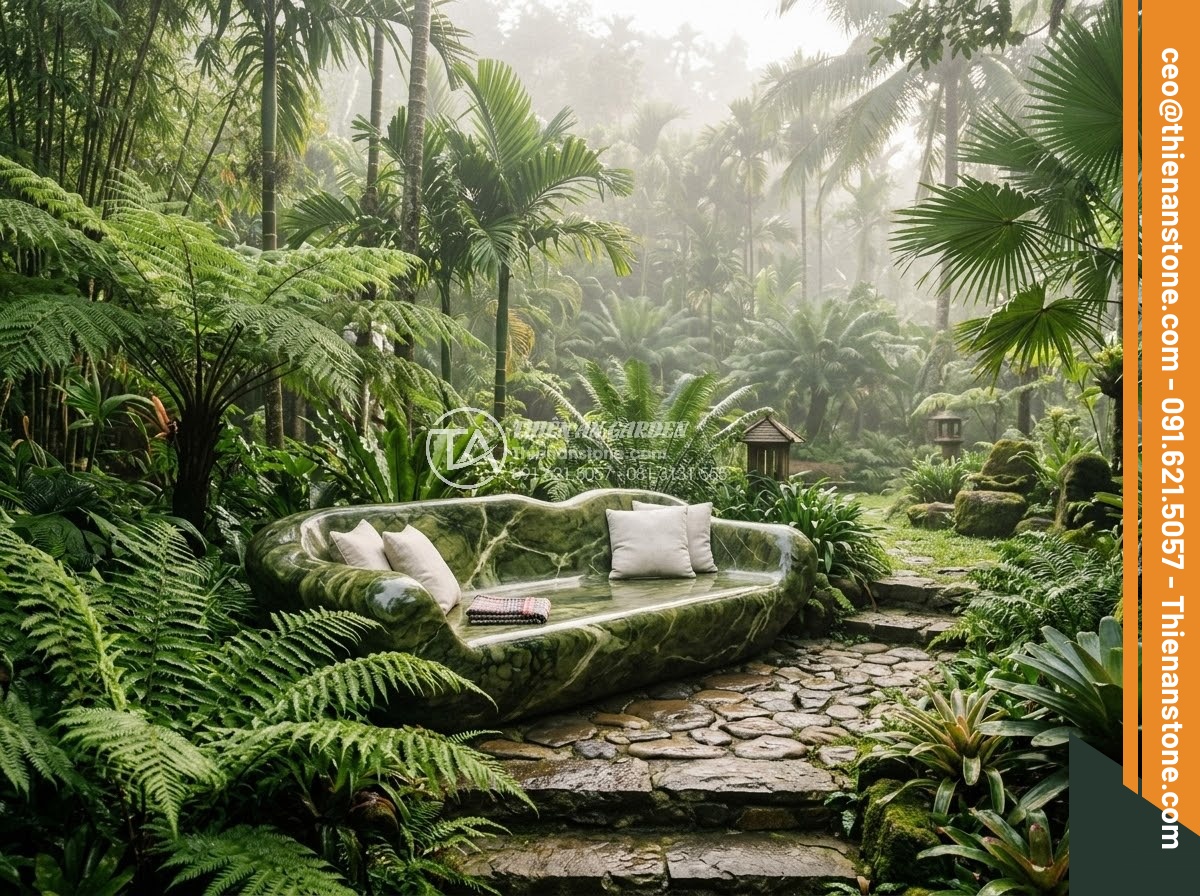 Sập Đá - Hình 7 Sập Đá - Ultra realistic photo of a green moss-colored natural stone daybed in a tropical