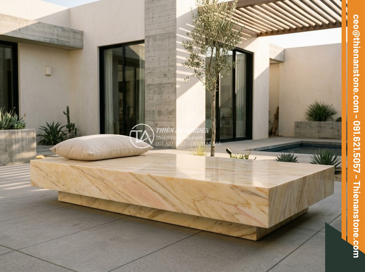 Sập Đá - Hình 8 Sập Đá - Luxurious white marble stone daybed in a modern minimalist villa courtyard, dram