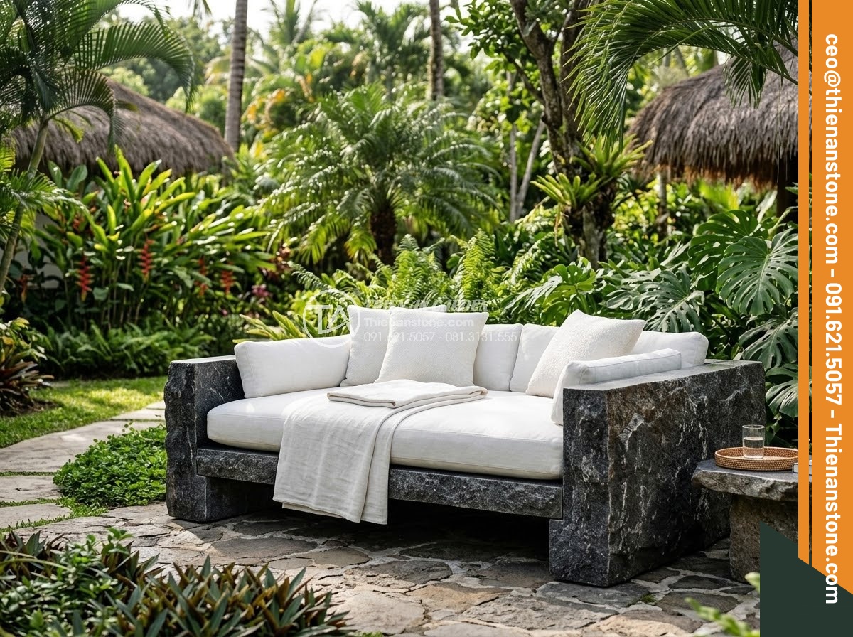 Sập Đá - Hình 9 Sập Đá - Dark granite natural stone daybed in an open-air luxury resort garden, mineral c