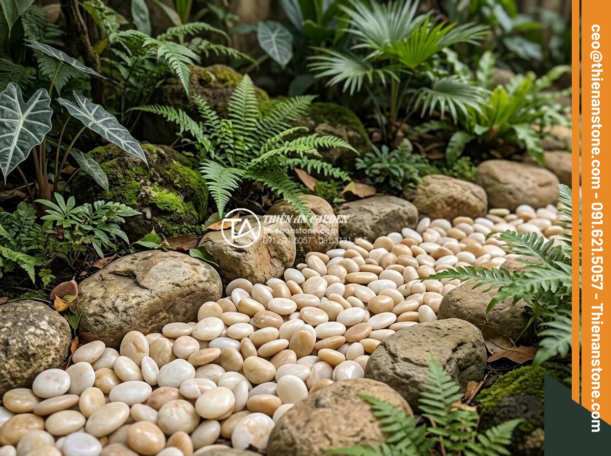 Sỏi Rải Sân Vườn - Hình 11 Sỏi Rải Sân Vườn - Small section of decorative colored pebbles used as accent in a natural garden d