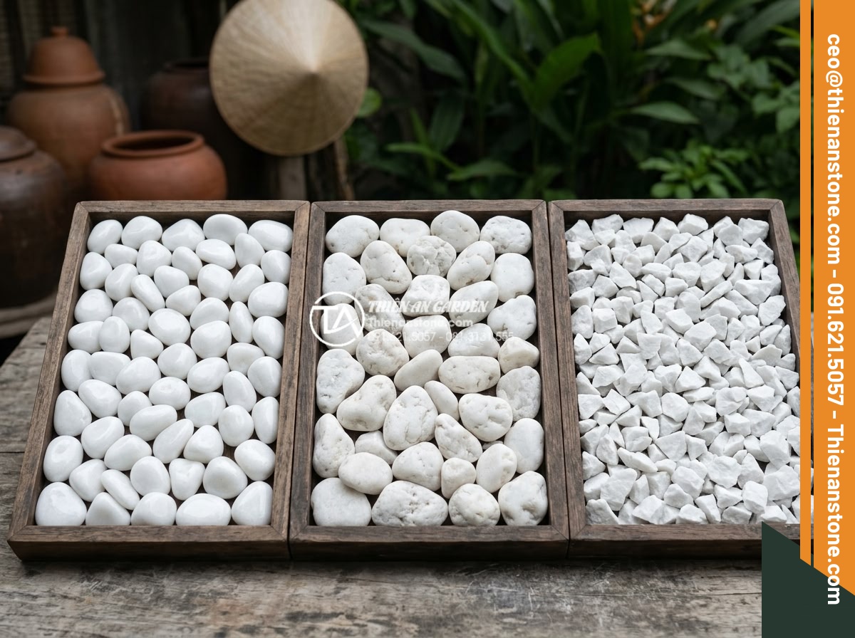 Sỏi Rải Sân Vườn - Hình 13 Sỏi Rải Sân Vườn - Three different surface types of garden pebbles displayed side by side - smooth