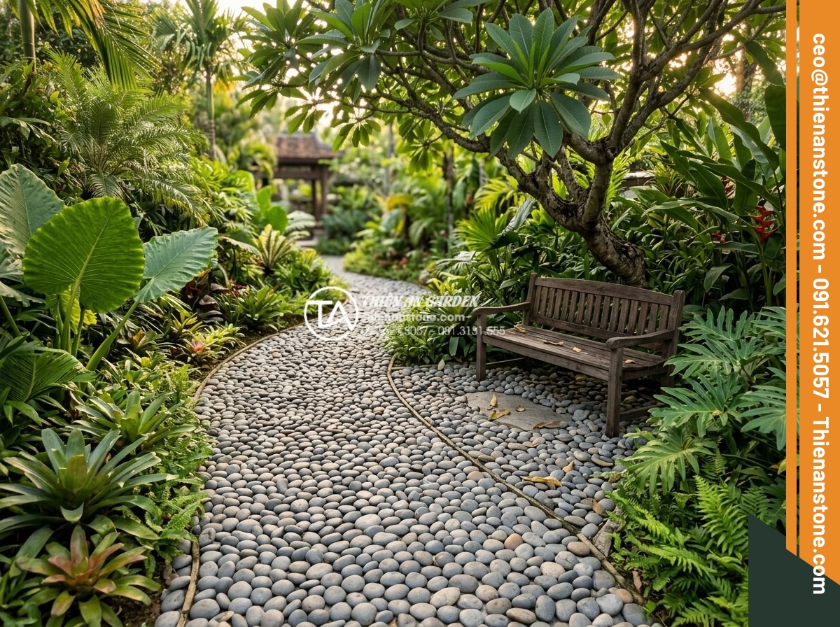 Sỏi Rải Sân Vườn - Hình 15 Sỏi Rải Sân Vườn - Curved white pebble garden pathway winding through lush tropical garden with bor