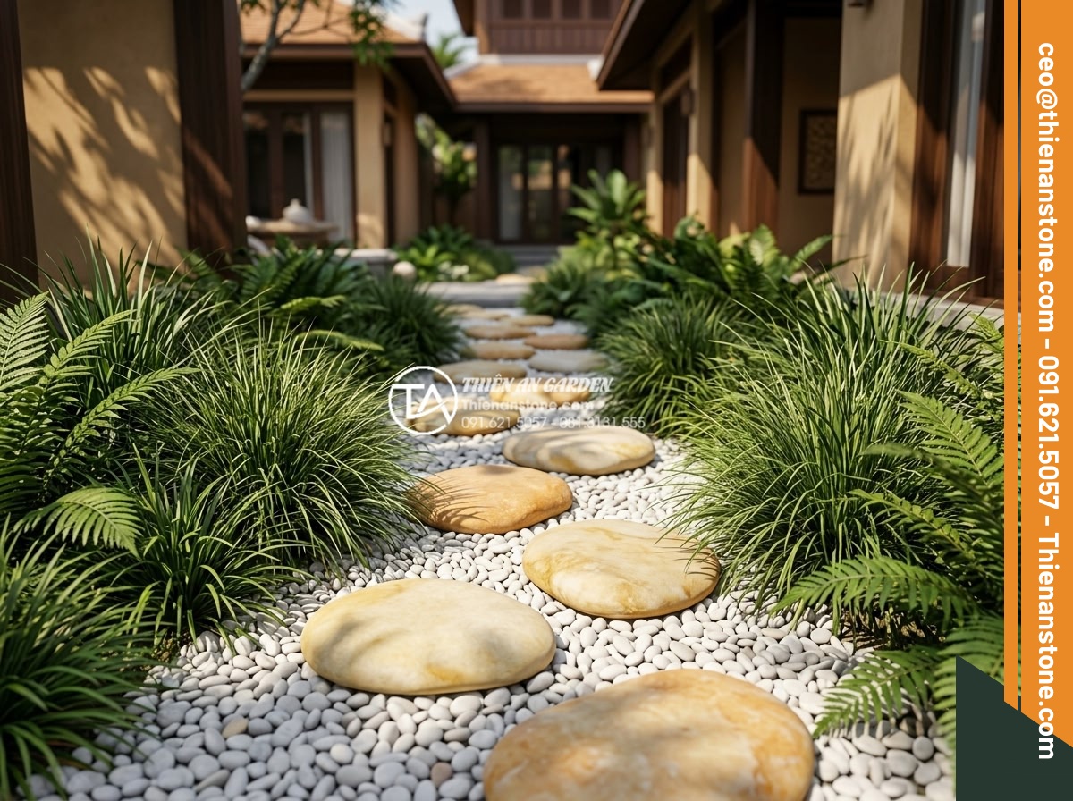 Sỏi Rải Sân Vườn - Hình 16 Sỏi Rải Sân Vườn - Natural stepping stones placed on white pebble pathway in a luxury villa garden,