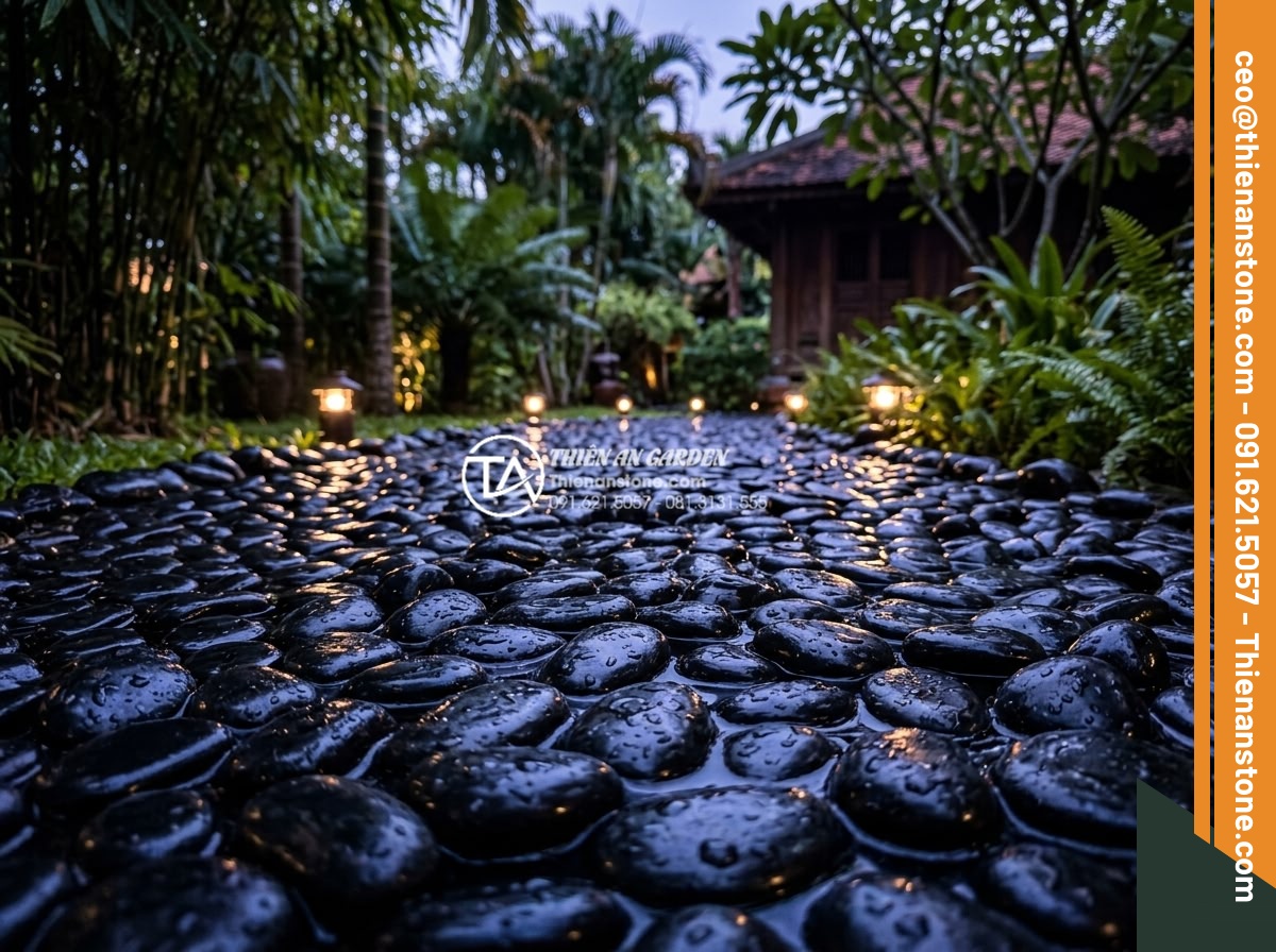 Sỏi Rải Sân Vườn - Hình 17 Sỏi Rải Sân Vườn - Garden pebble pathway after rain with water droplets glistening on wet stone sur