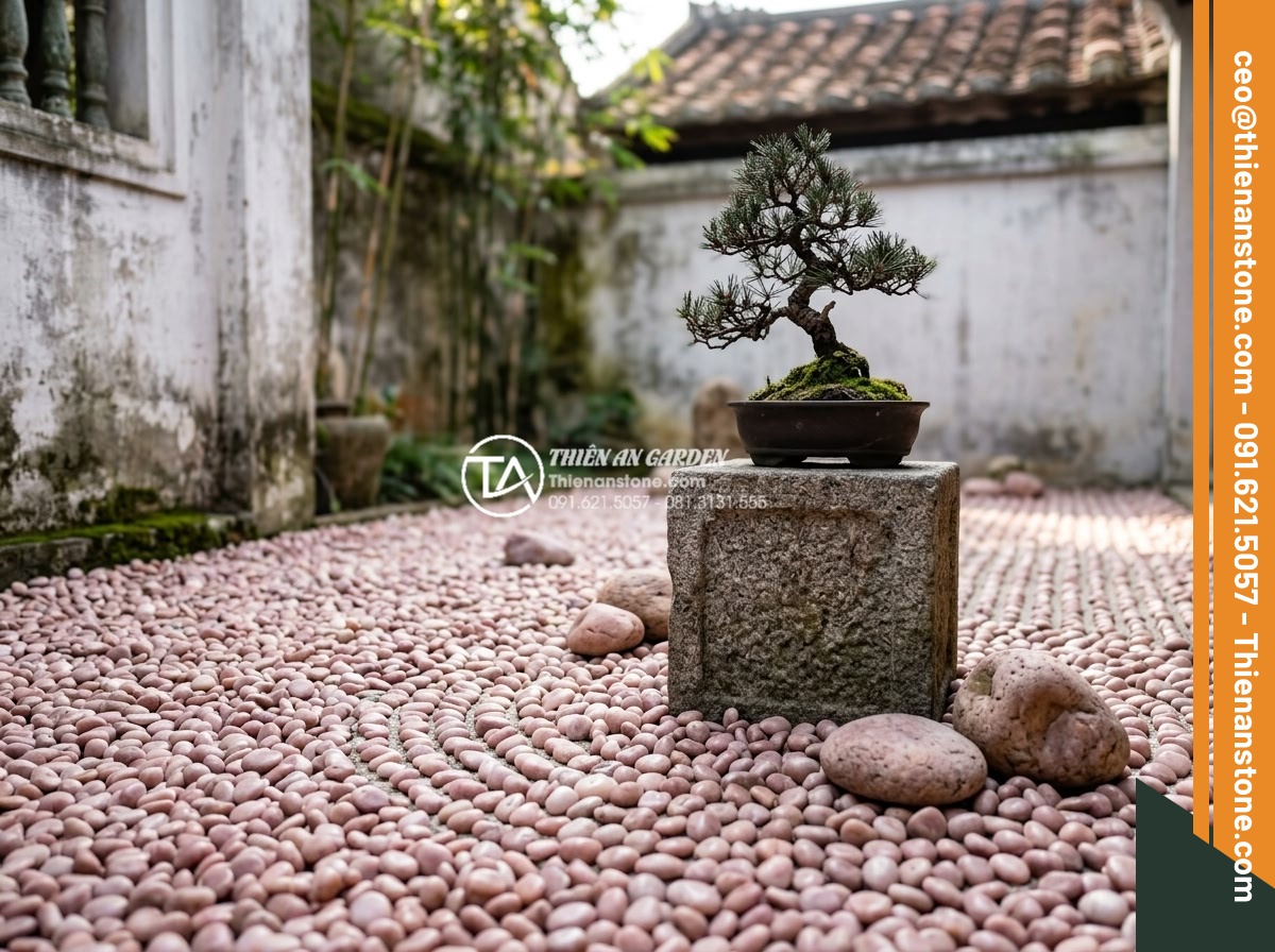 Sỏi Rải Sân Vườn - Hình 18 Sỏi Rải Sân Vườn - Small zen garden corner with bonsai tree on stone pedestal surrounded by raked w