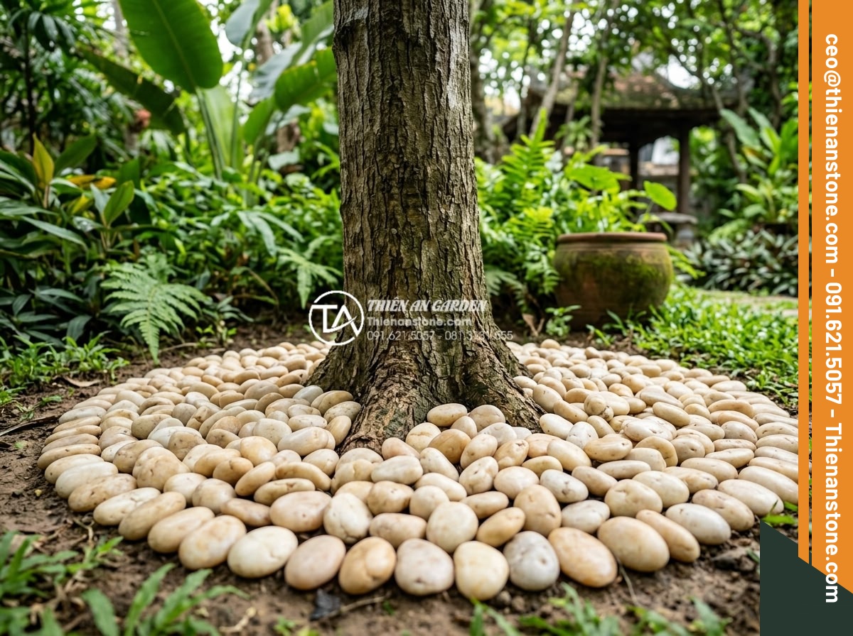 Sỏi Rải Sân Vườn - Hình 19 Sỏi Rải Sân Vườn - Garden tree base mulched with decorative dark river pebbles, showing neat circul