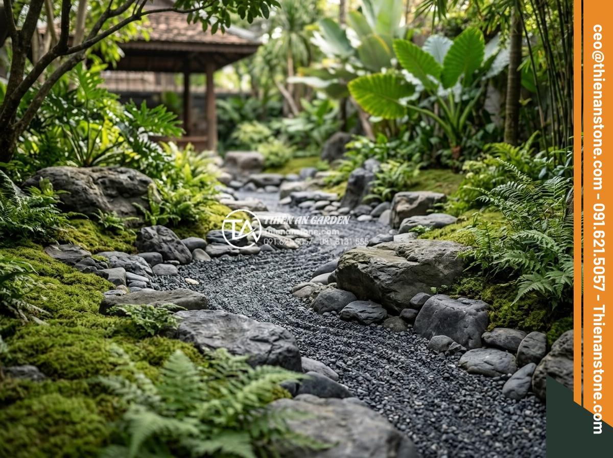 Sỏi Rải Sân Vườn - Hình 20 Sỏi Rải Sân Vườn - Japanese dry stream garden design using graded white and grey pebbles to simulat