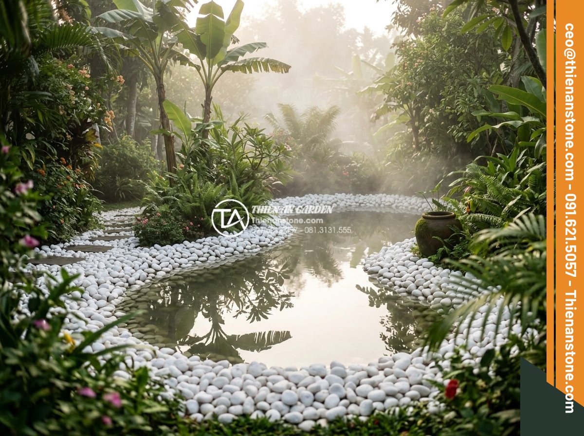 Sỏi Rải Sân Vườn - Hình 21 Sỏi Rải Sân Vườn - Natural pebbles surrounding a small garden pond with water reflection, morning m