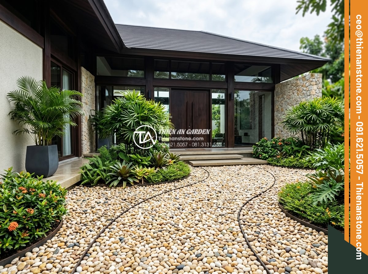 Sỏi Rải Sân Vườn - Hình 22 Sỏi Rải Sân Vườn - Luxury villa front entrance with pebble pathway, ornamental garden beds with dec