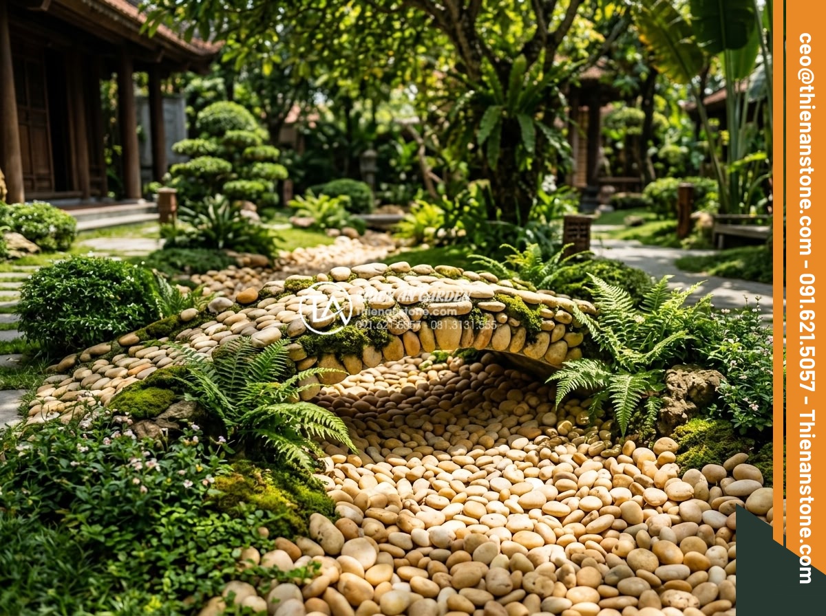 Sỏi Rải Sân Vườn - Hình 24 Sỏi Rải Sân Vườn - Small natural stone bridge over a dry stream bed made of grey pebbles in a luxur