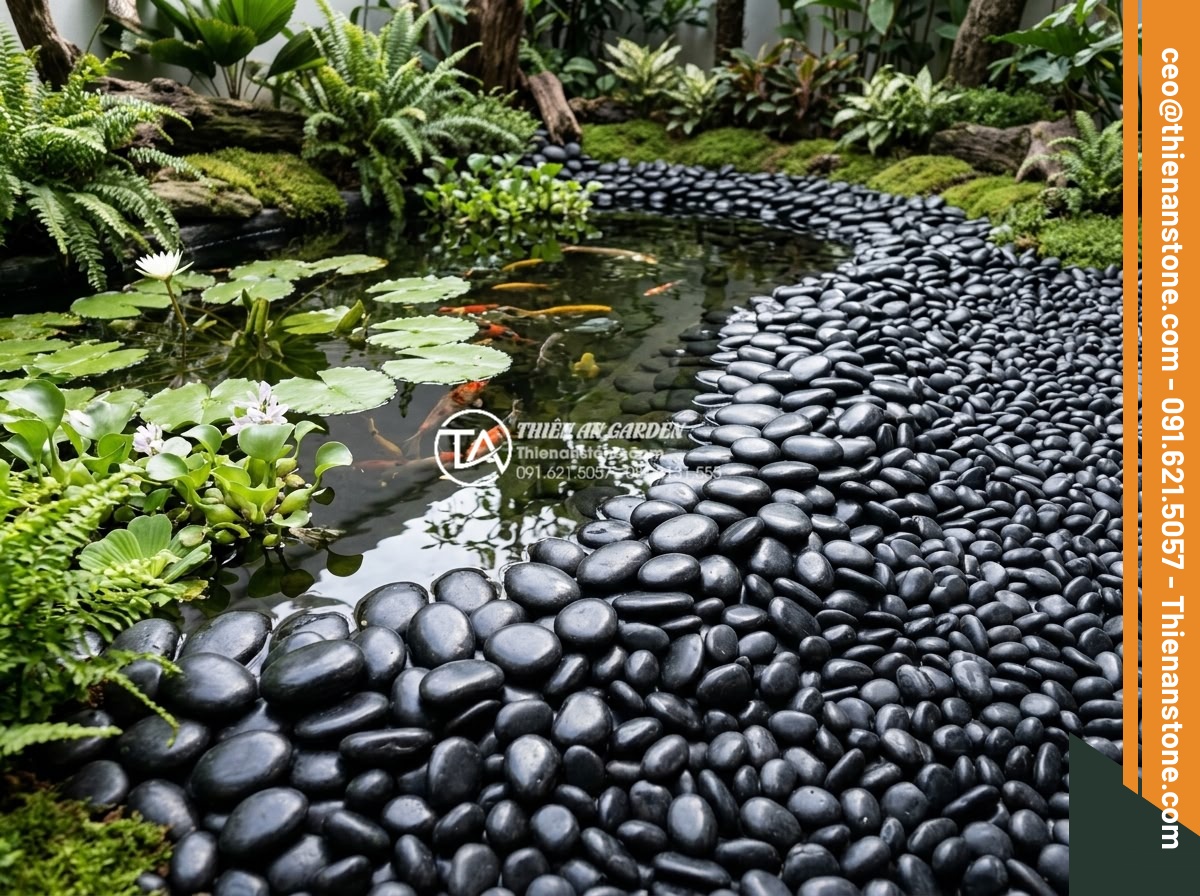 Sỏi Rải Sân Vườn - Hình 25 Sỏi Rải Sân Vườn - Natural pebbles arranged around an outdoor fish pond in a garden setting, water