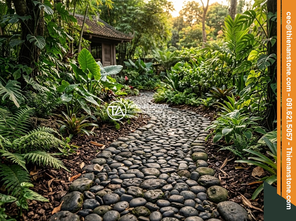 Sỏi Rải Sân Vườn - Hình 28 Sỏi Rải Sân Vườn - Beautiful mature garden with pebble pathways and mulched beds, showing long-term
