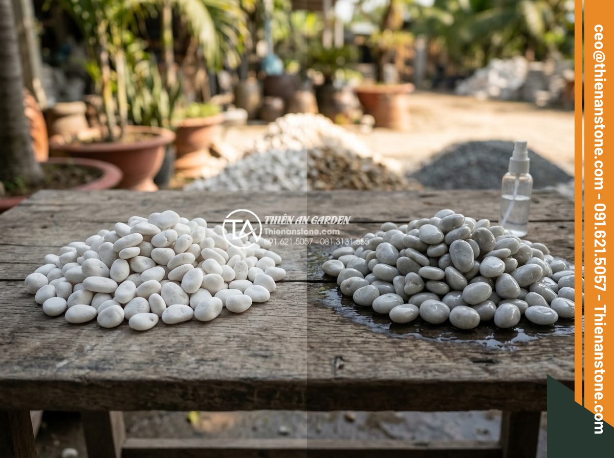Sỏi Rải Sân Vườn - Hình 29 Sỏi Rải Sân Vườn - Pebble samples being tested wet and dry by landscape designer, showing color dif