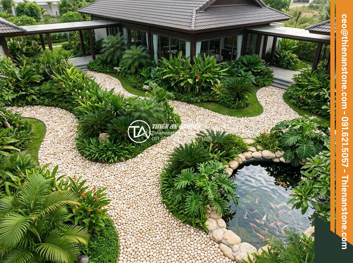 Sỏi Rải Sân Vườn - Hình 3 Sỏi Rải Sân Vườn - Aerial view of a luxury villa garden with white pebble pathways winding through
