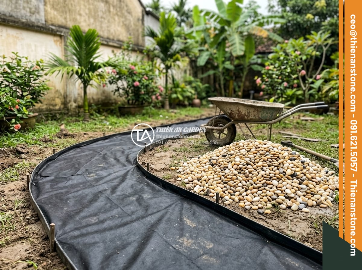 Sỏi Rải Sân Vườn - Hình 30 Sỏi Rải Sân Vườn - Garden area being prepared for pebble installation, showing marked out pathways