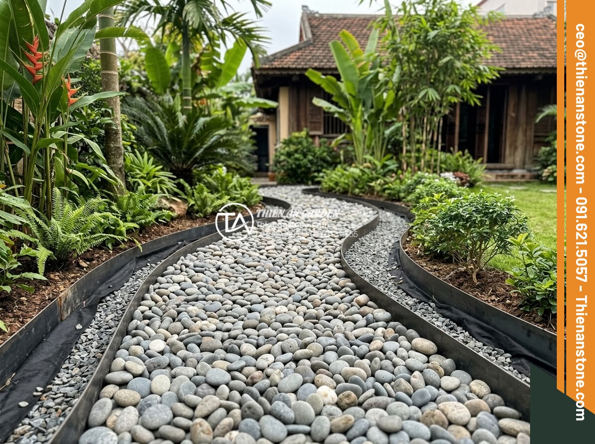 Sỏi Rải Sân Vườn - Hình 31 Sỏi Rải Sân Vườn - Completed pebble garden pathway installation showing professional edging, even p