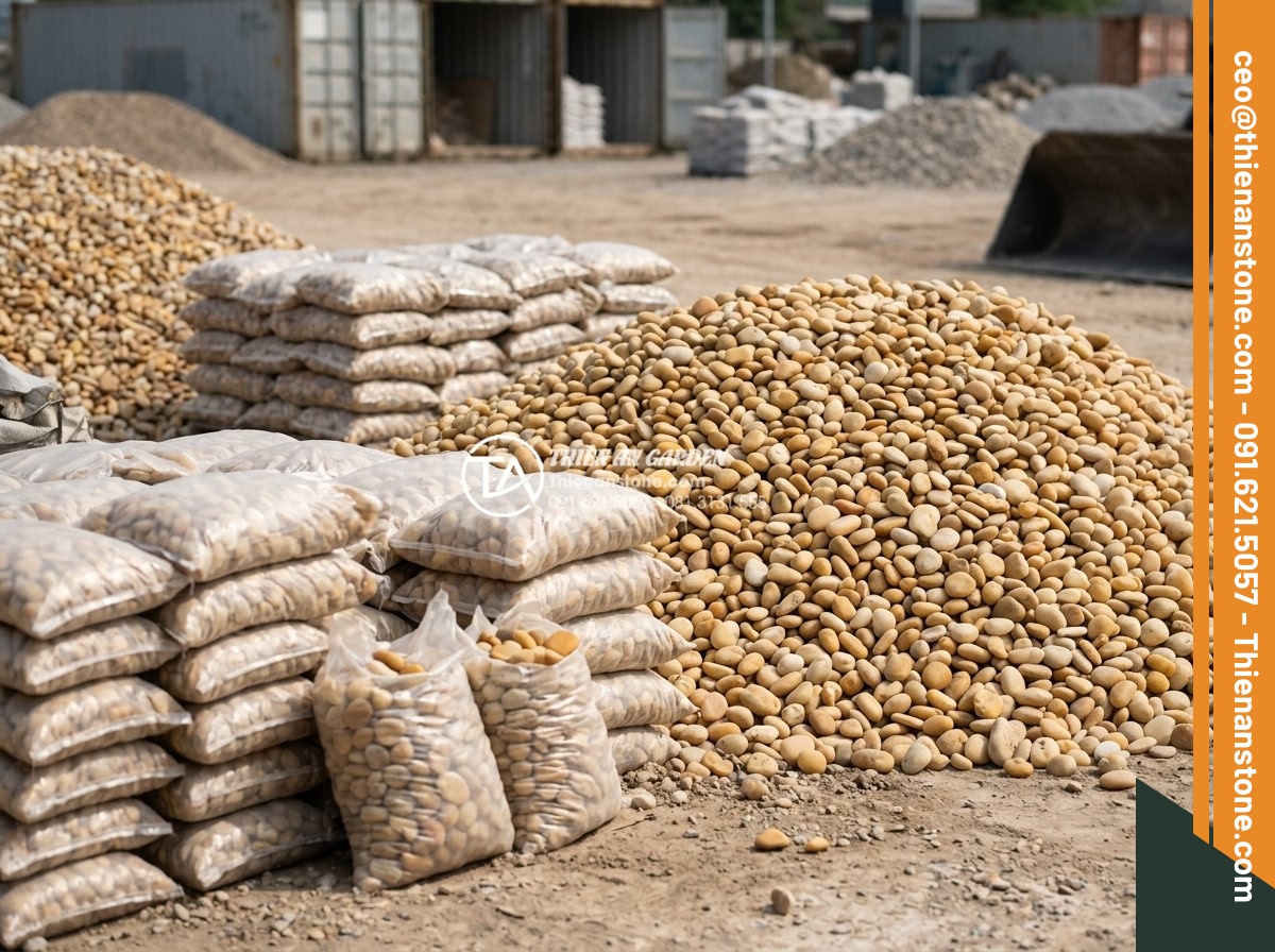 Sỏi Rải Sân Vườn - Hình 32 Sỏi Rải Sân Vườn - Bags and bulk piles of various garden pebble types displayed at a stone supplier