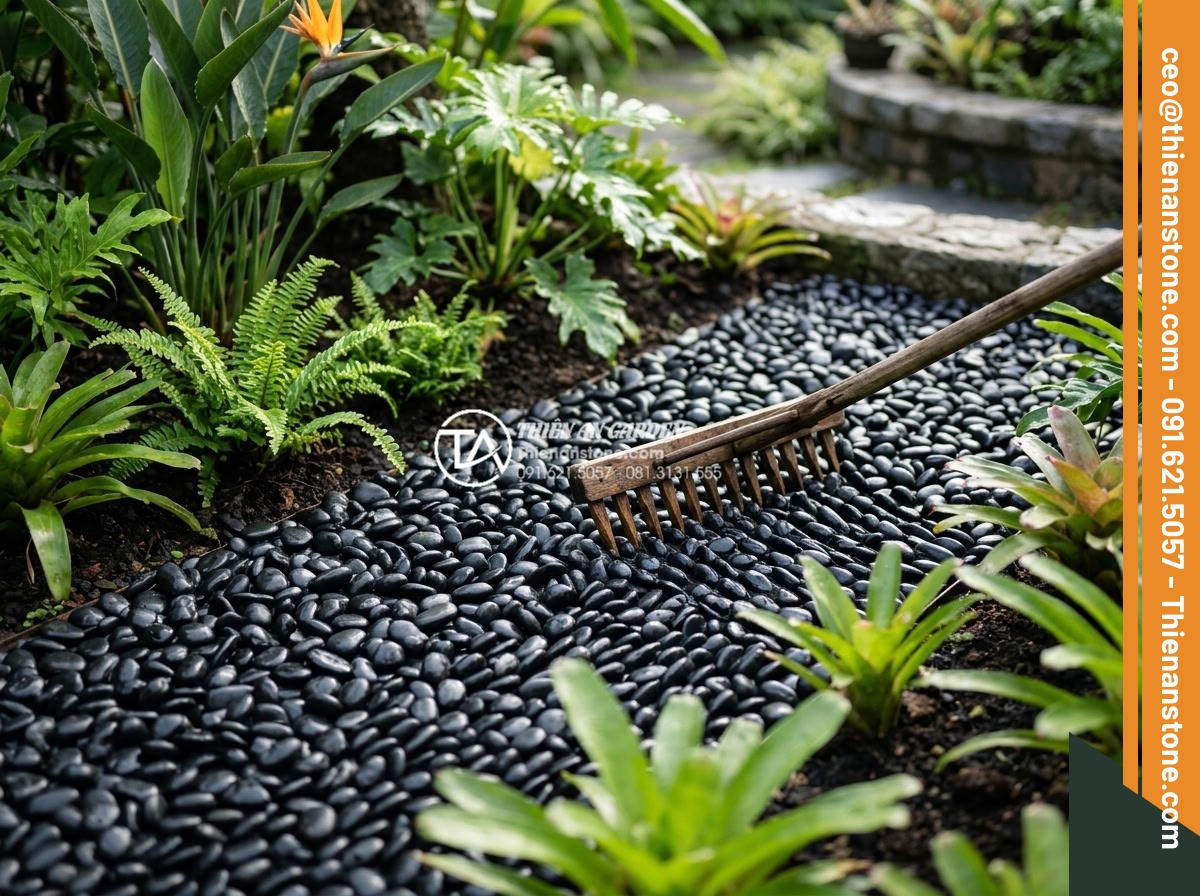 Sỏi Rải Sân Vườn - Hình 33 Sỏi Rải Sân Vườn - Gardener gently raking decorative white pebbles in a well-maintained garden, sur