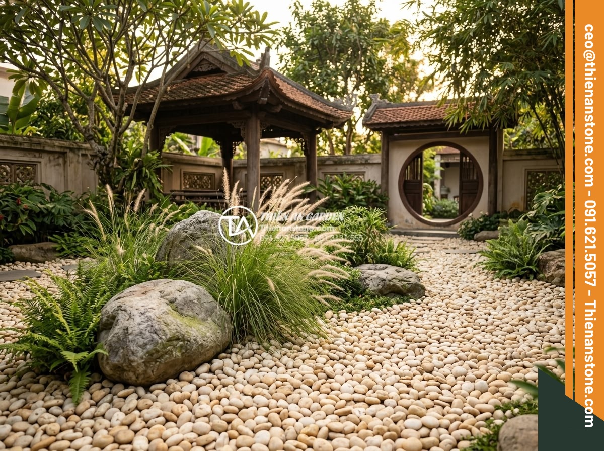 Sỏi Rải Sân Vườn - Hình 35 Sỏi Rải Sân Vườn - Masterfully designed garden landscape combining pebbles, ornamental grasses, nat