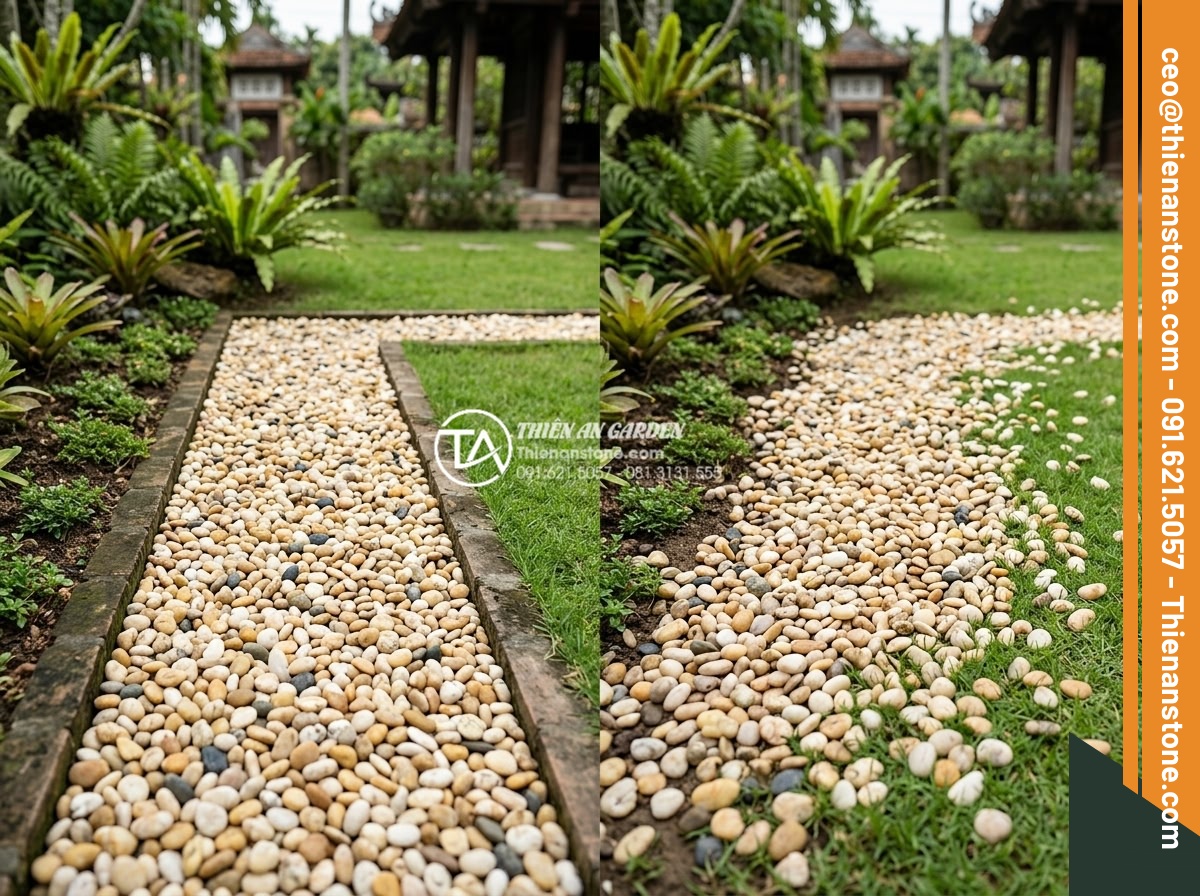 Sỏi Rải Sân Vườn - Hình 38 Sỏi Rải Sân Vườn - Comparison showing garden pebble area with proper edging versus without edging,