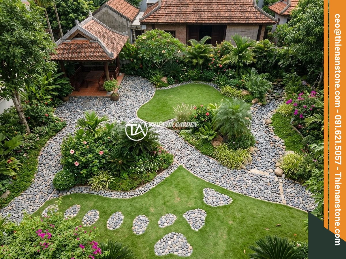 Sỏi Rải Sân Vườn - Hình 39 Sỏi Rải Sân Vườn - Well-balanced garden design showing harmonious mix of pebbles, lawn areas, plant